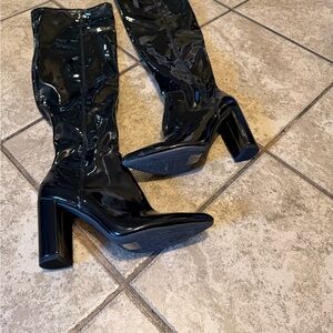 Gianni Bini Black Patent Mid-Calf Block Heel Boots